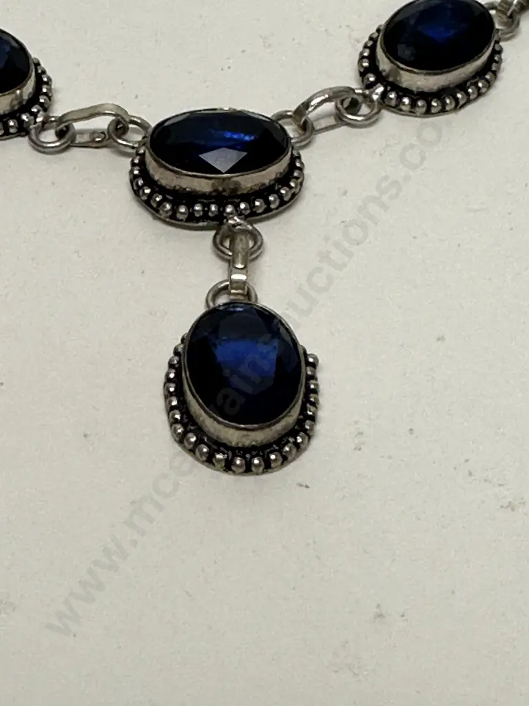 Vintage Stamped 925 Blue Oval Gemstone Necklace (Needs Clasp) Image 1++