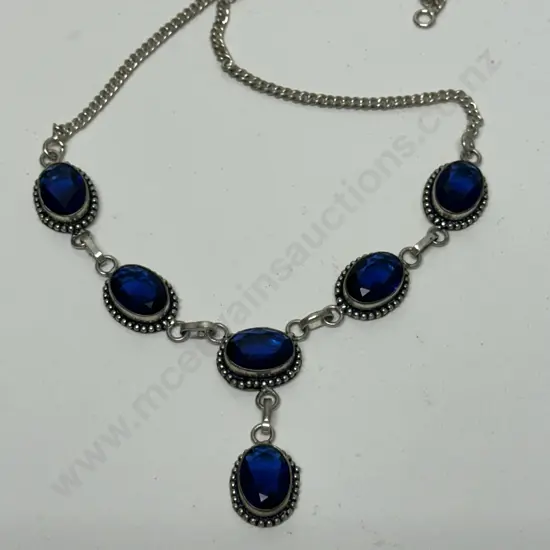 Vintage Stamped 925 Blue Oval Gemstone Necklace (Needs Clasp)