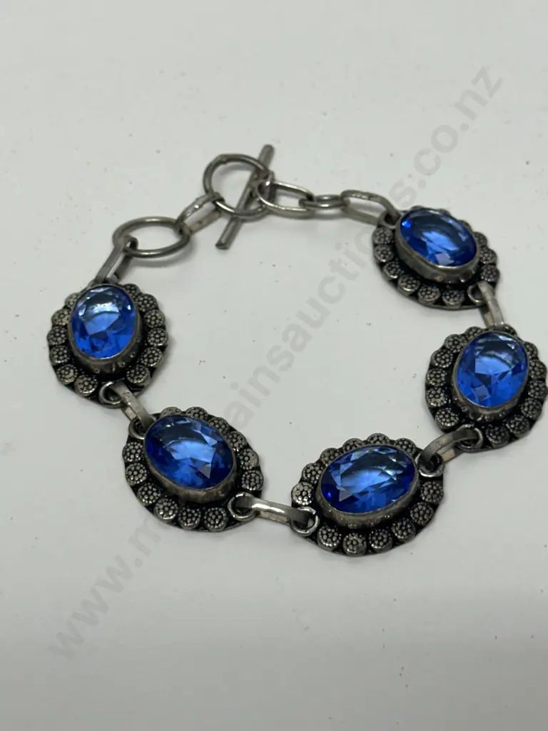Vintage Stamped 925 Blue Oval Gemstone Bracelet With Fob Clasp Image 1++