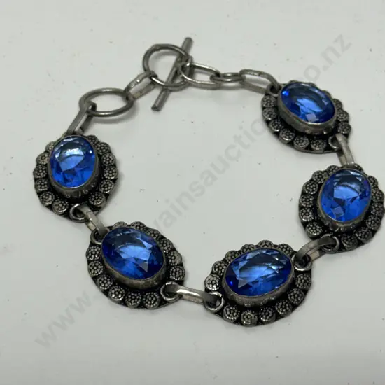 Vintage Stamped 925 Blue Oval Gemstone Bracelet With Fob Clasp