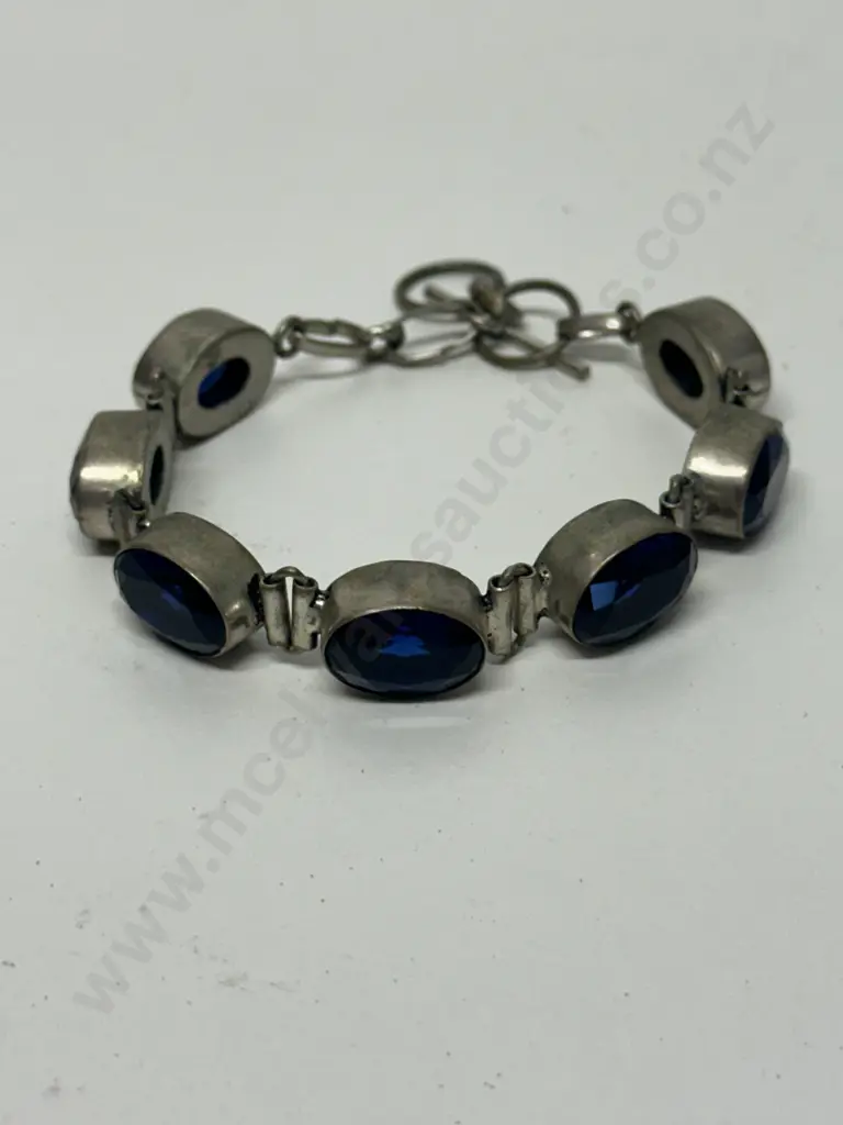 Vintage Stamped 925 Blue Oval Gemstone Bracelet With Fob Clasp  Image 1++
