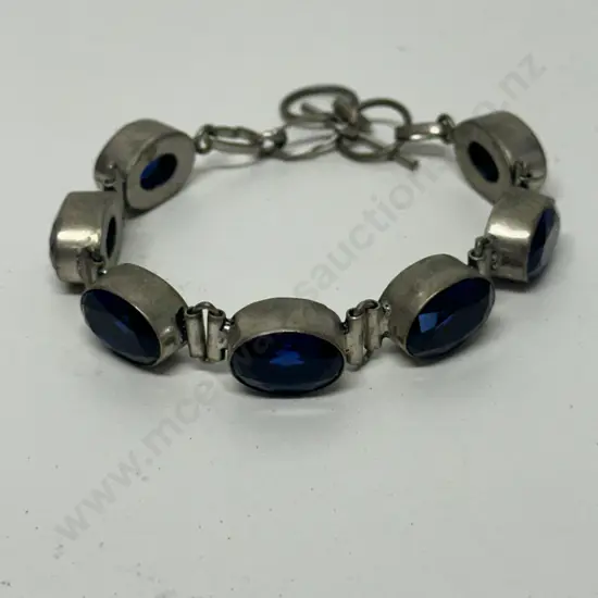 Vintage Stamped 925 Blue Oval Gemstone Bracelet With Fob Clasp 