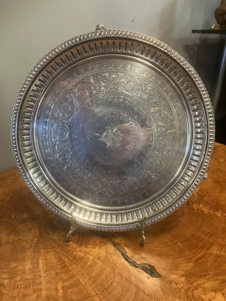 Antique Victorian Sterling Silver Salver by Martin Hall & Co Sheffield Hallmarked 1860. Dia 26cm Image 1++