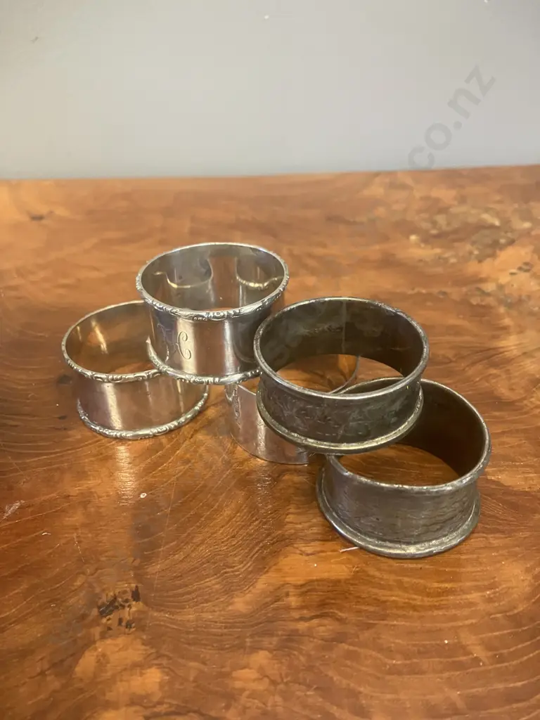 Antique Sterling Silver & Cobalt Blue Glass Open Salt Salver & Mustard Pot, 5 Sterling Napkin Rings - All Hallmarked Image 1++