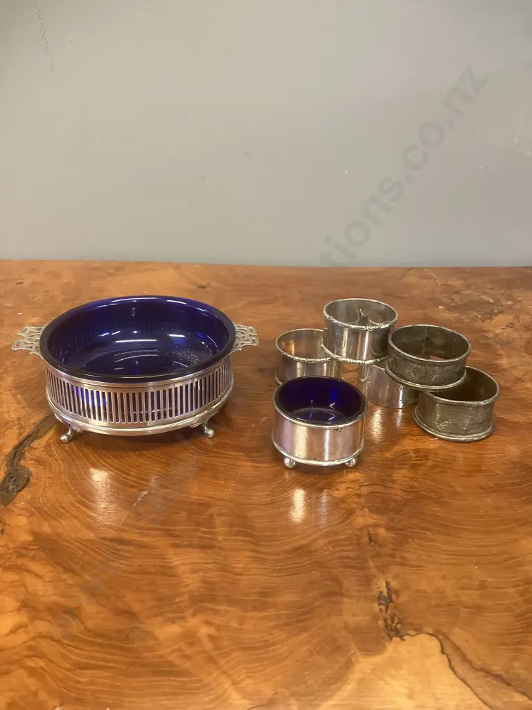 Antique Sterling Silver & Cobalt Blue Glass Open Salt Salver & Mustard Pot, 5 Sterling Napkin Rings - All Hallmarked Image 1++