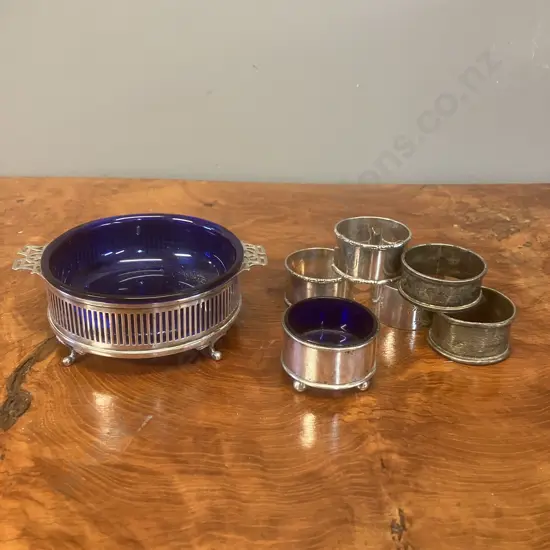 Antique Sterling Silver & Cobalt Blue Glass Open Salt Salver & Mustard Pot, 5 Sterling Napkin Rings - All Hallmarked
