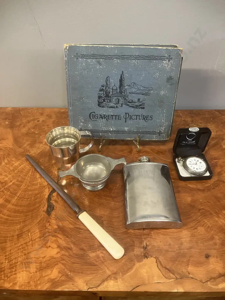 Cigarette Card Album, Quaich Bowl, Hip Flask, Tissot Geneve Pocket Watch (As Found) Etc Image 1++