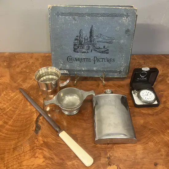 Cigarette Card Album, Quaich Bowl, Hip Flask, Tissot Geneve Pocket Watch (As Found) Etc