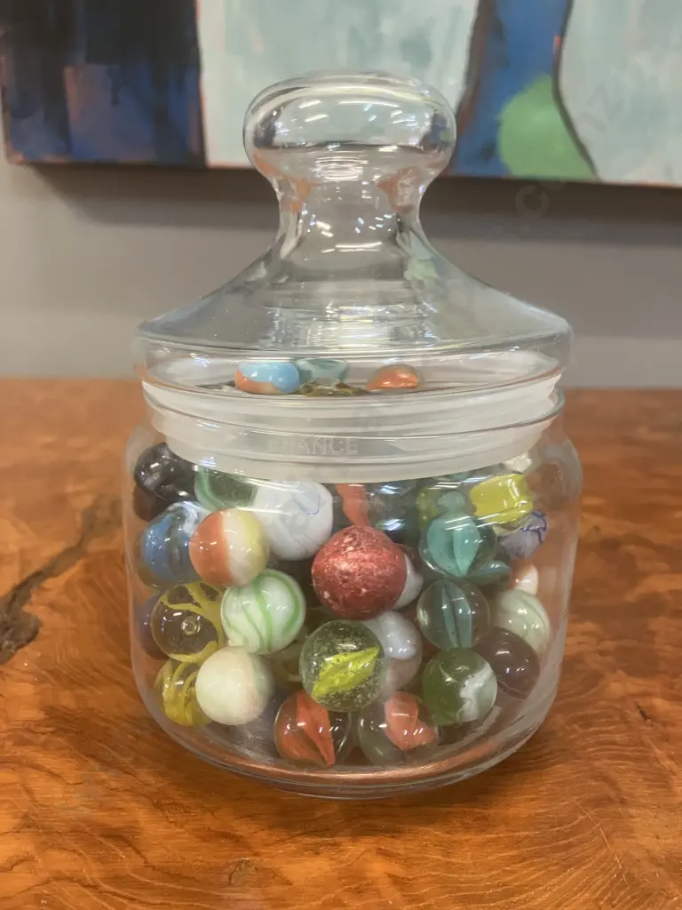 Vintage Marbles In Glass Jar Image 1++