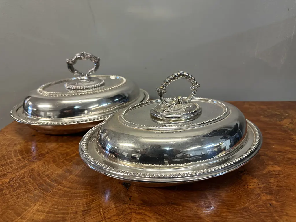Vintage Silver Plated Oval Serving Dishes Beaded Edge & Removable Ornate Handles Image 1++