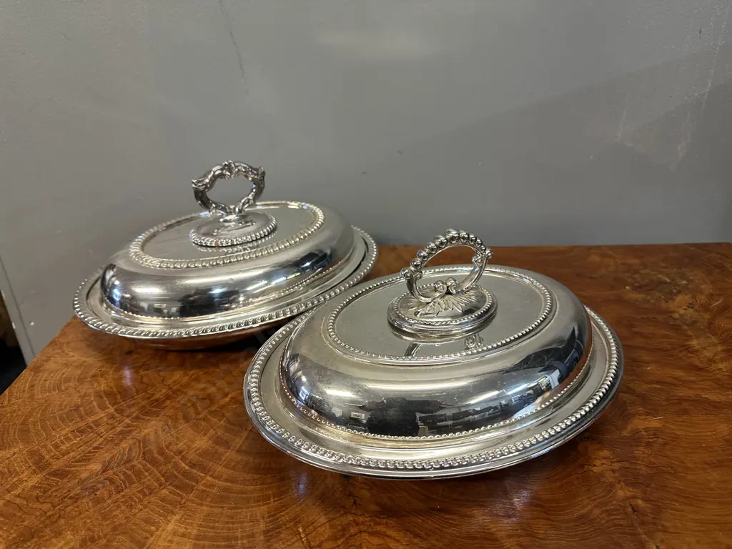Vintage Silver Plated Oval Serving Dishes Beaded Edge & Removable Ornate Handles Image 1++