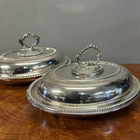Vintage Silver Plated Oval Serving Dishes Beaded Edge & Removable Ornate Handles