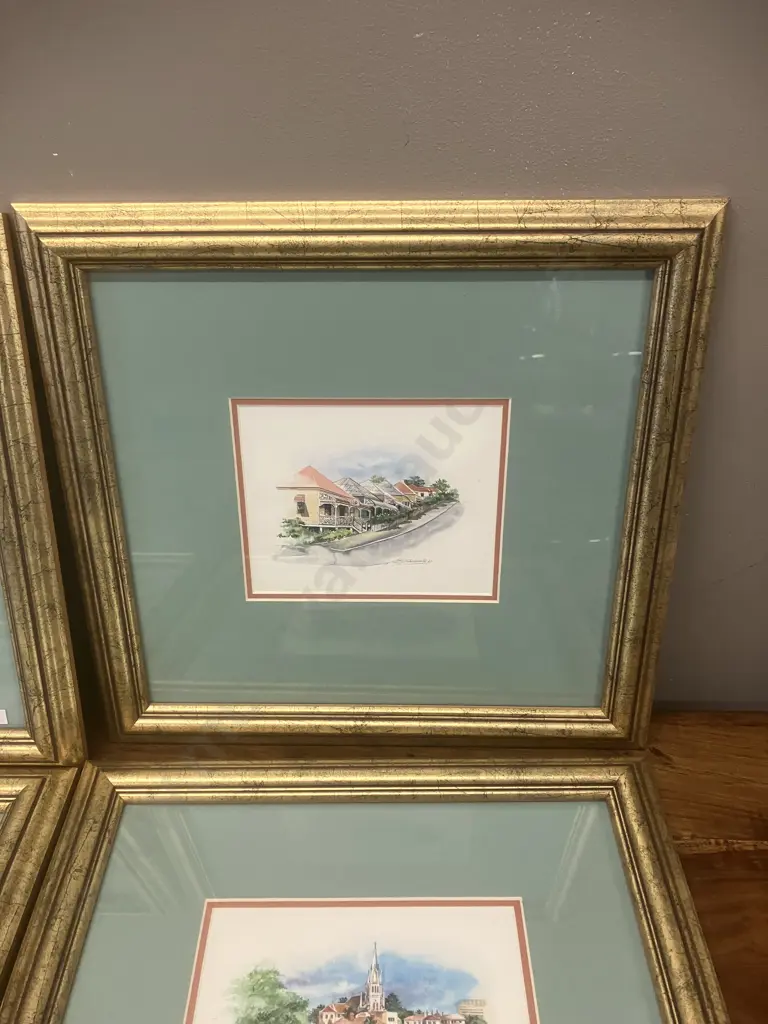 Four Framed Artworks Signed Sheldrake '97. 40 x 41cm Image 1++