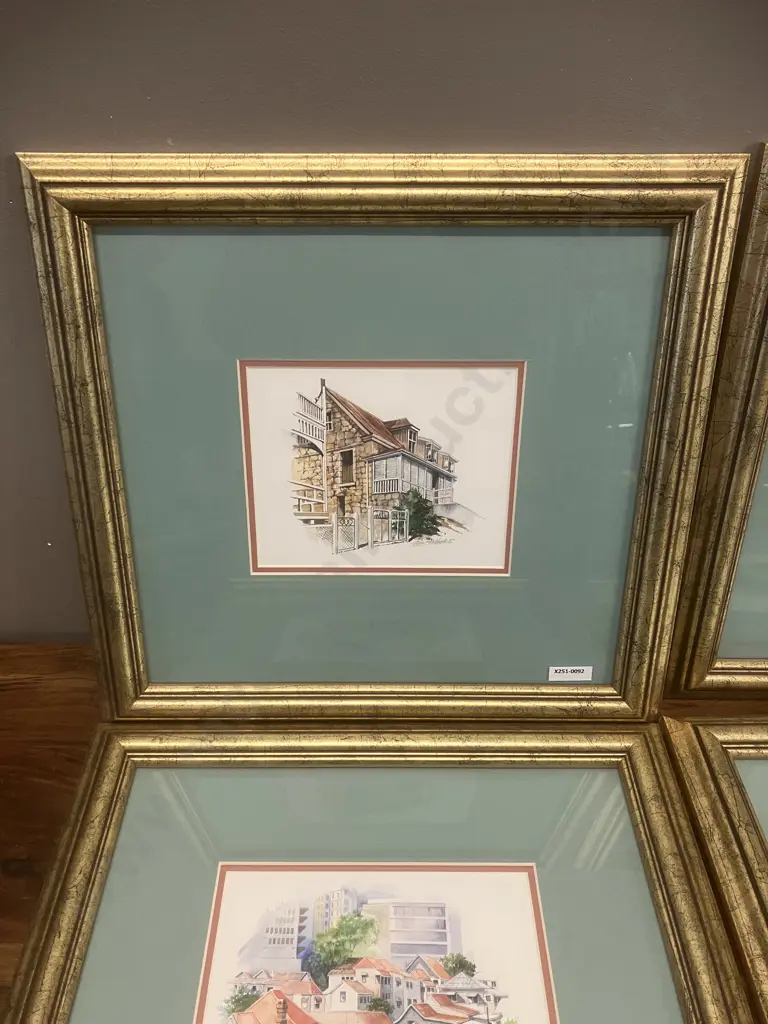 Four Framed Artworks Signed Sheldrake '97. 40 x 41cm Image 1++