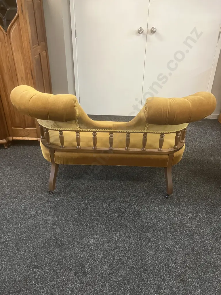 Antique Double-Ended Chaise & Tub Chair, Gold Draylon, Braided, Carved & Turned Supports, On Castors Image 1++