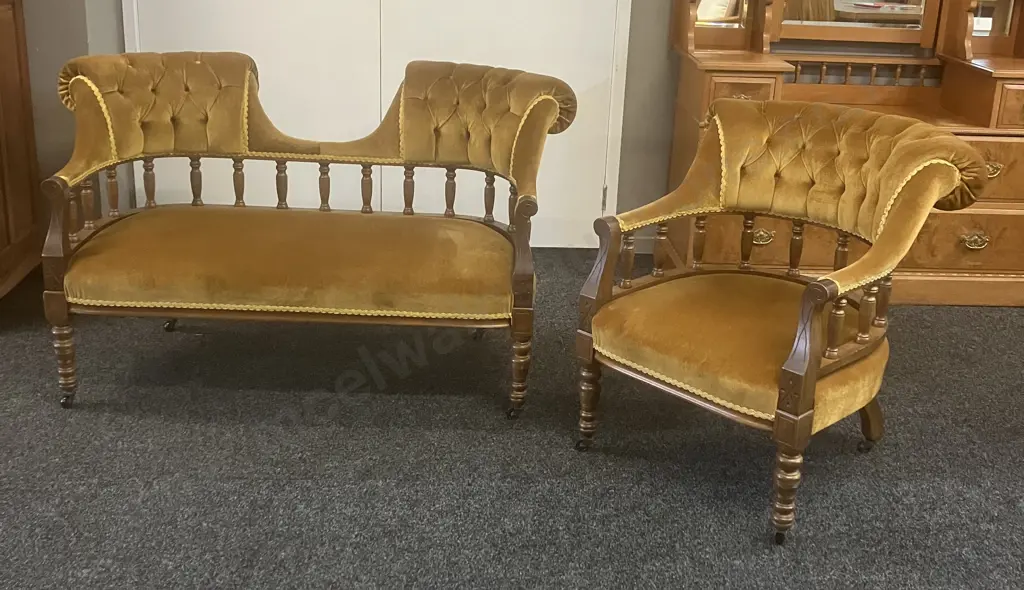 Antique Double-Ended Chaise & Tub Chair, Gold Draylon, Braided, Carved & Turned Supports, On Castors Image 1++