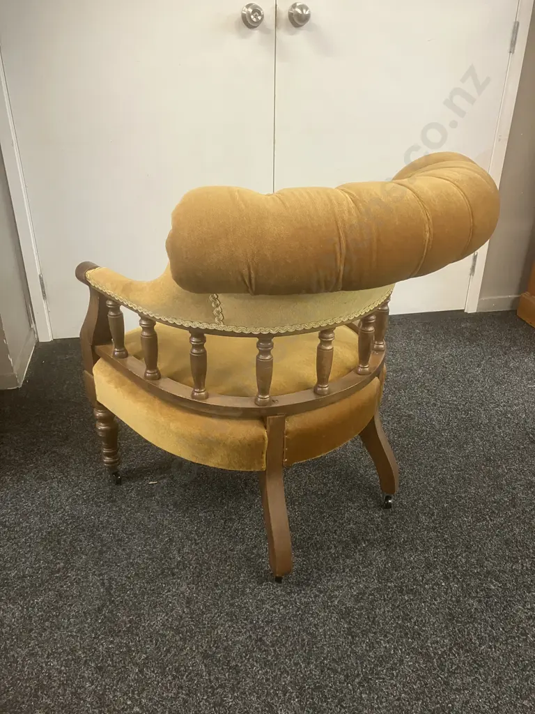 Antique Double-Ended Chaise & Tub Chair, Gold Draylon, Braided, Carved & Turned Supports, On Castors Image 1++