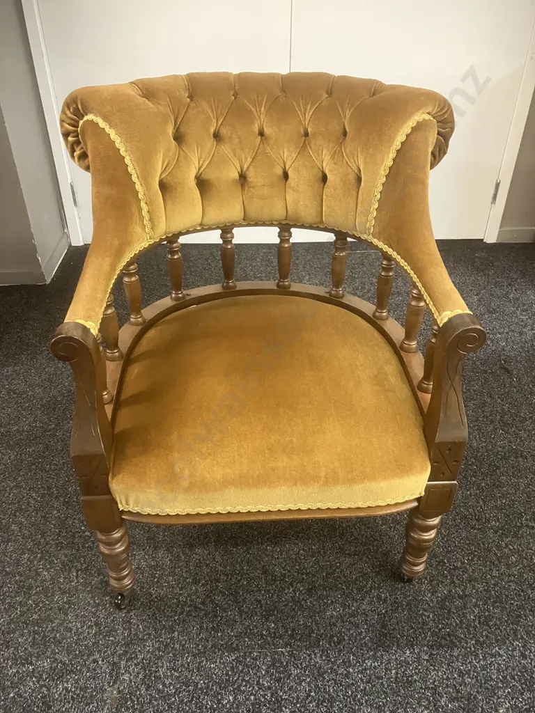 Antique Double-Ended Chaise & Tub Chair, Gold Draylon, Braided, Carved & Turned Supports, On Castors Image 1++