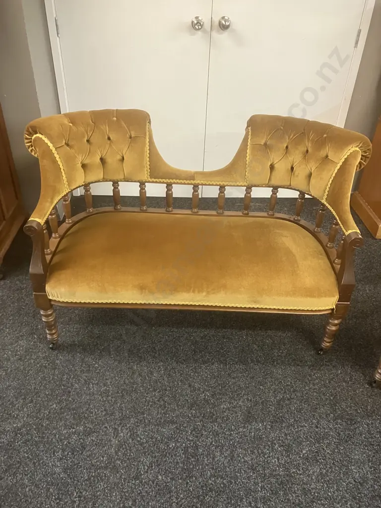 Antique Double-Ended Chaise & Tub Chair, Gold Draylon, Braided, Carved & Turned Supports, On Castors Image 1++