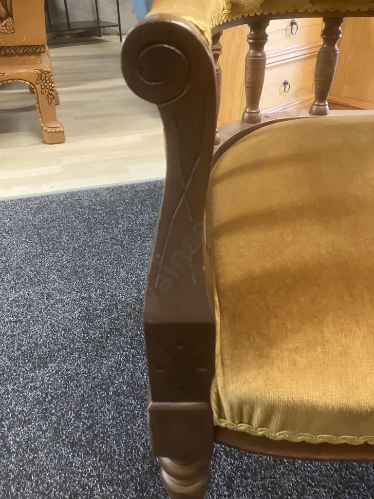 Antique Double-Ended Chaise & Tub Chair, Gold Draylon, Braided, Carved & Turned Supports, On Castors Image 1++