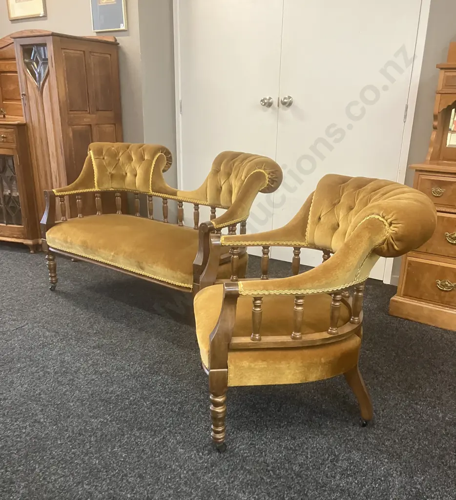 Antique Double-Ended Chaise & Tub Chair, Gold Draylon, Braided, Carved & Turned Supports, On Castors Image 1++