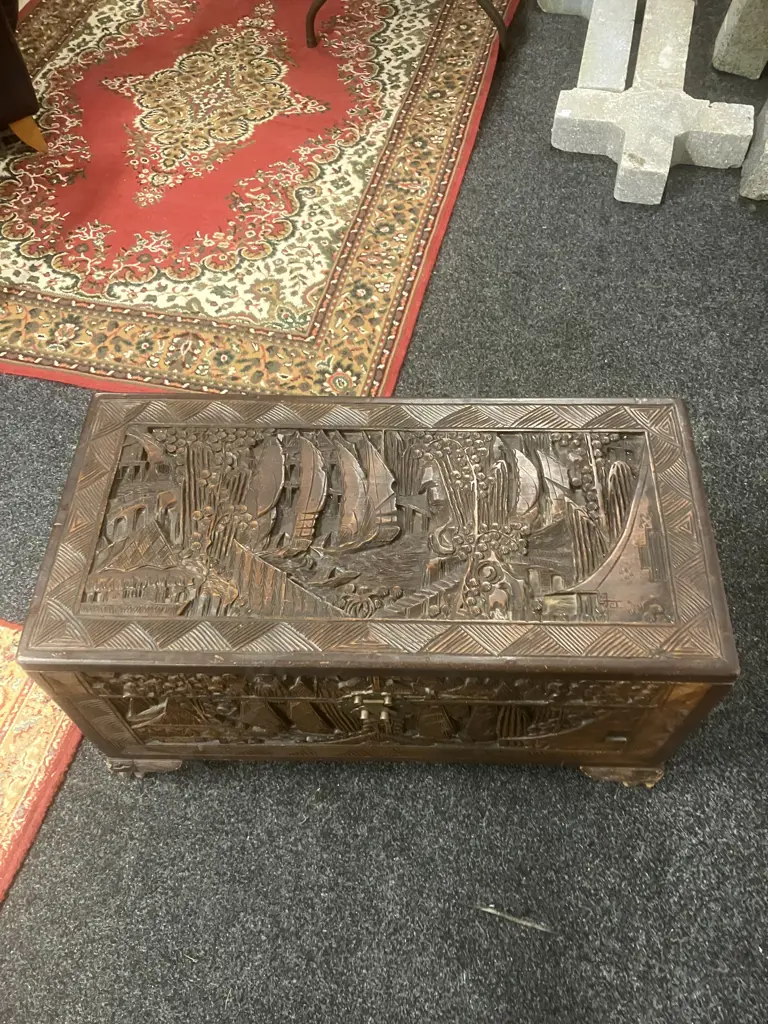 Antique Chinese Hand Carved Camphor Storage Chest H49 W92 D43 Image 1++