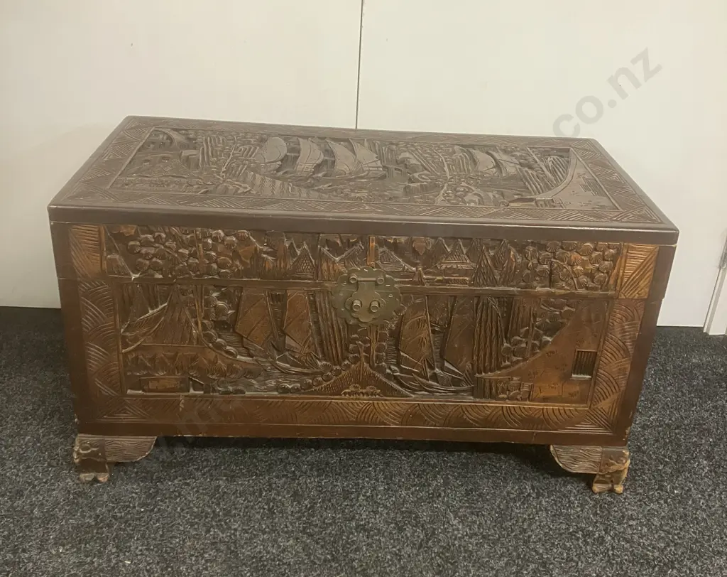 Antique Chinese Hand Carved Camphor Storage Chest H49 W92 D43 Image 1++