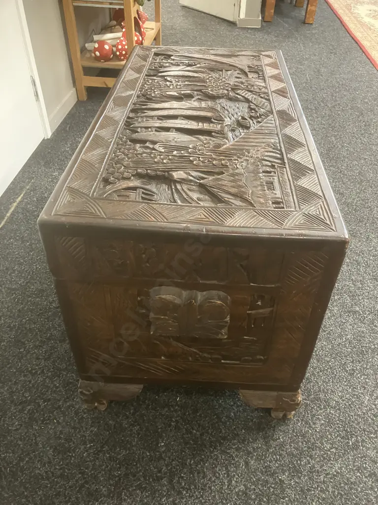 Antique Chinese Hand Carved Camphor Storage Chest H49 W92 D43 Image 1++