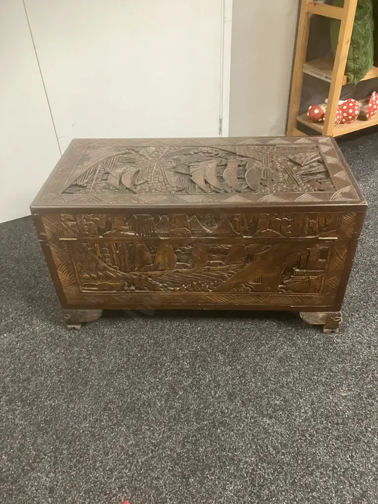 Antique Chinese Hand Carved Camphor Storage Chest H49 W92 D43 Image 1++