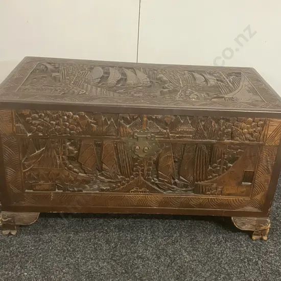 Antique Chinese Hand Carved Camphor Storage Chest H49 W92 D43