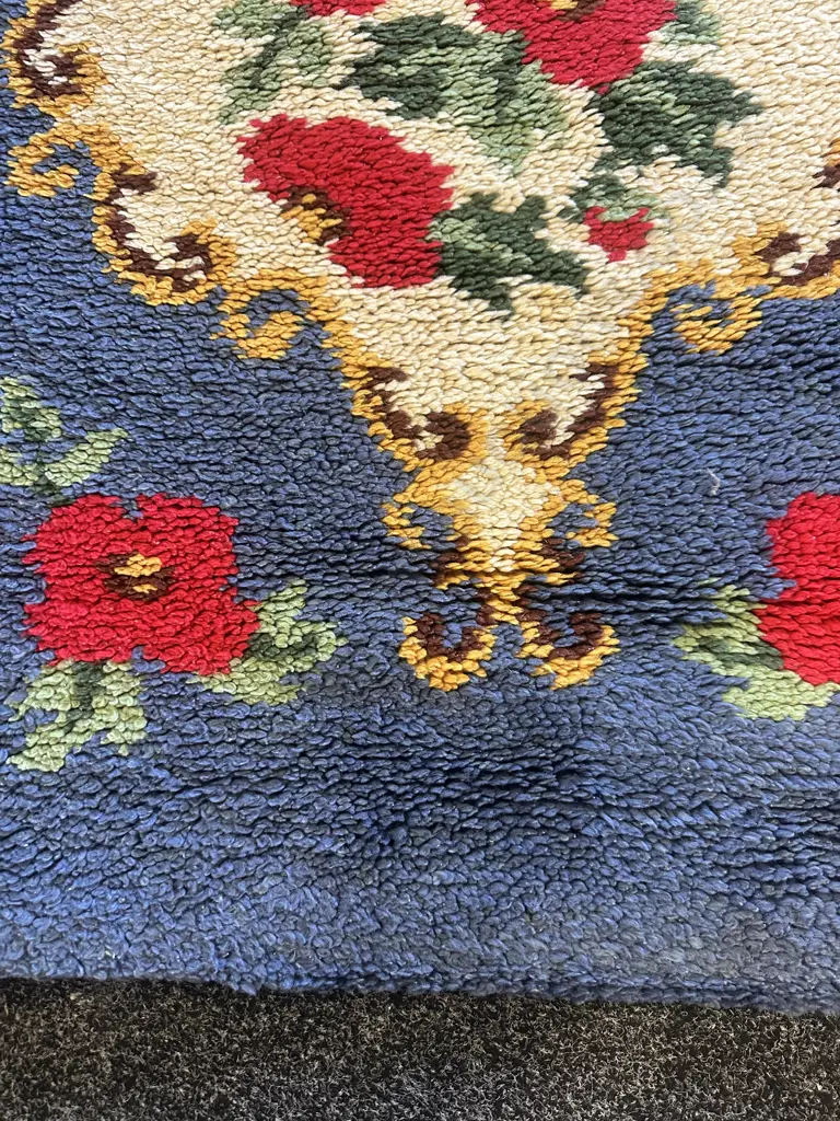 Vintage Woollen Floor Rug Blue/Red Floral L144 D72cm. Image 1++