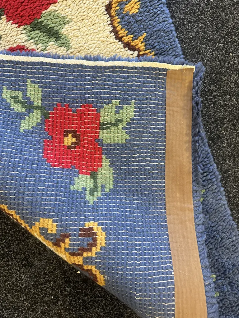 Vintage Woollen Floor Rug Blue/Red Floral L144 D72cm. Image 1++
