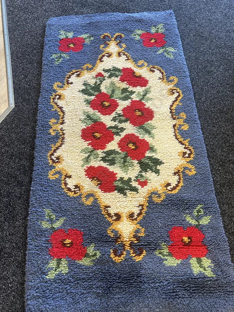 Vintage Woollen Floor Rug Blue/Red Floral L144 D72cm. Image 1++
