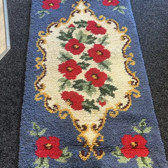Vintage Woollen Floor Rug Blue/Red Floral L144 D72cm.