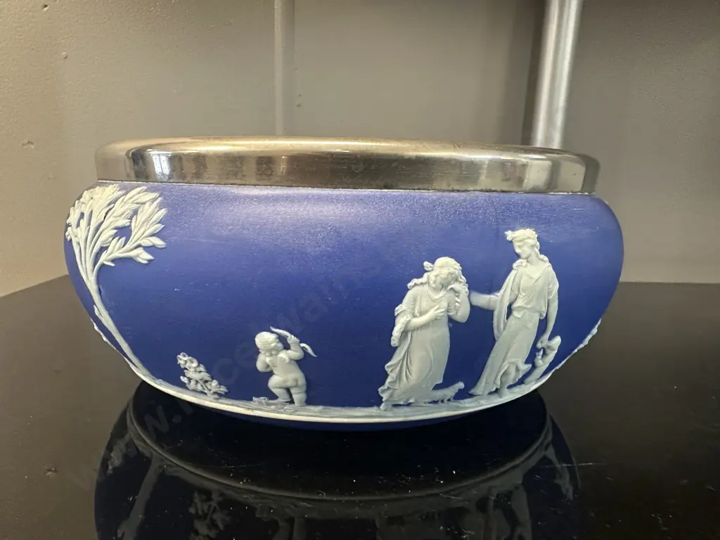 Vintage Wedgwood Blue Jasperware Large Bowl Silver Plated Rim Dia20cm. (as found) Image 1++