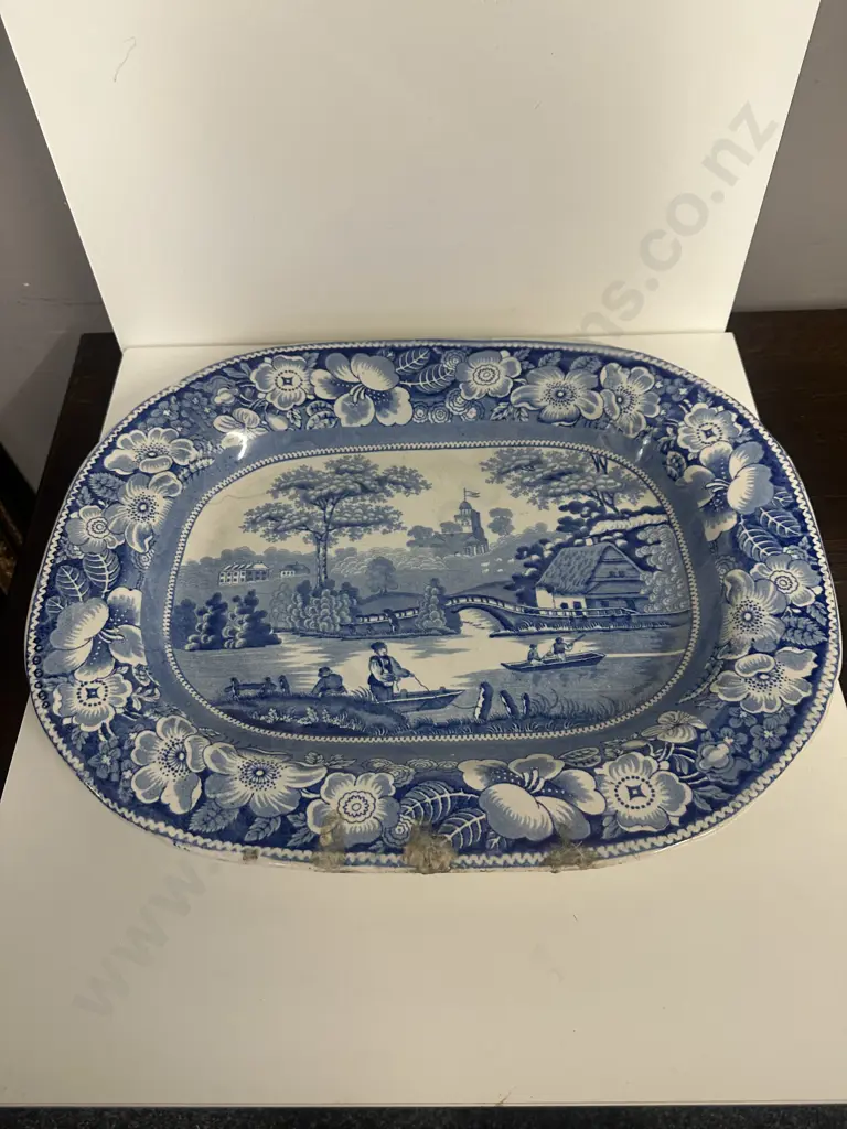 Large Antique Ironstone Blue & White Meat Platter (af) Fisherman & Rose Border Pattern 36x45cm.  Image 1++