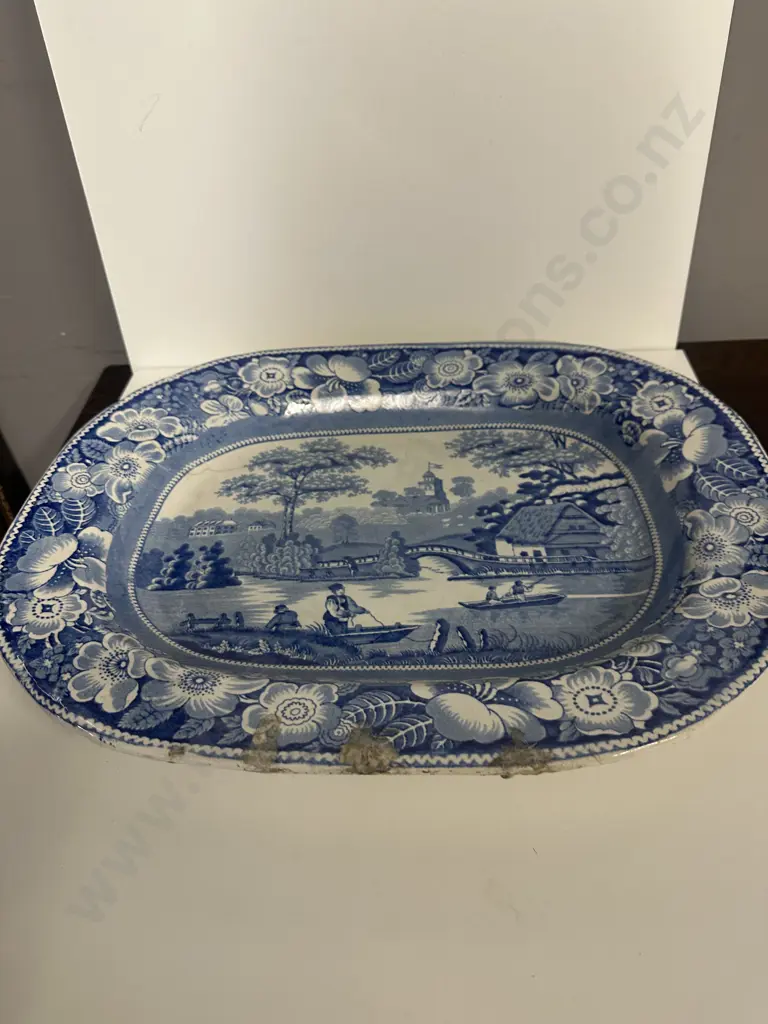 Large Antique Ironstone Blue & White Meat Platter (af) Fisherman & Rose Border Pattern 36x45cm.  Image 1++