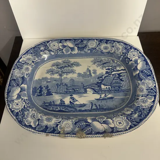Large Antique Ironstone Blue & White Meat Platter (af) Fisherman & Rose Border Pattern 36x45cm. 