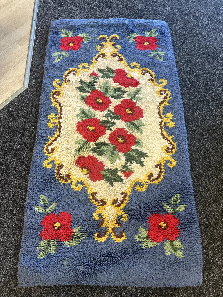 Vintage Woollen Floor Rug Blue/Red Floral L140 D72cm. Image 1++