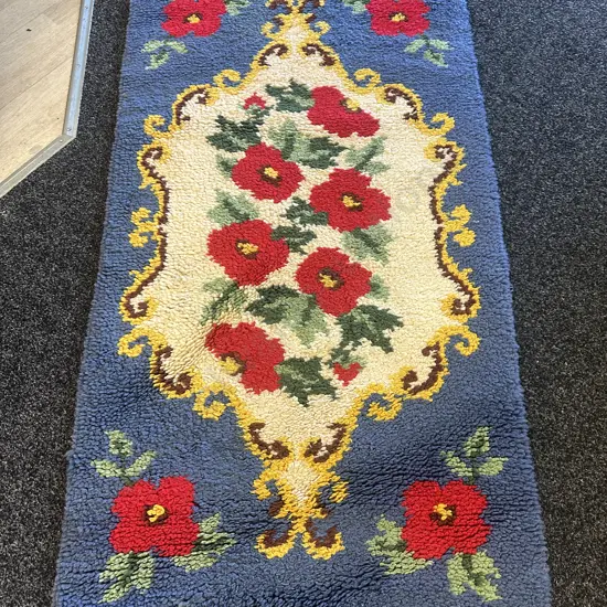 Vintage Woollen Floor Rug Blue/Red Floral L140 D72cm.