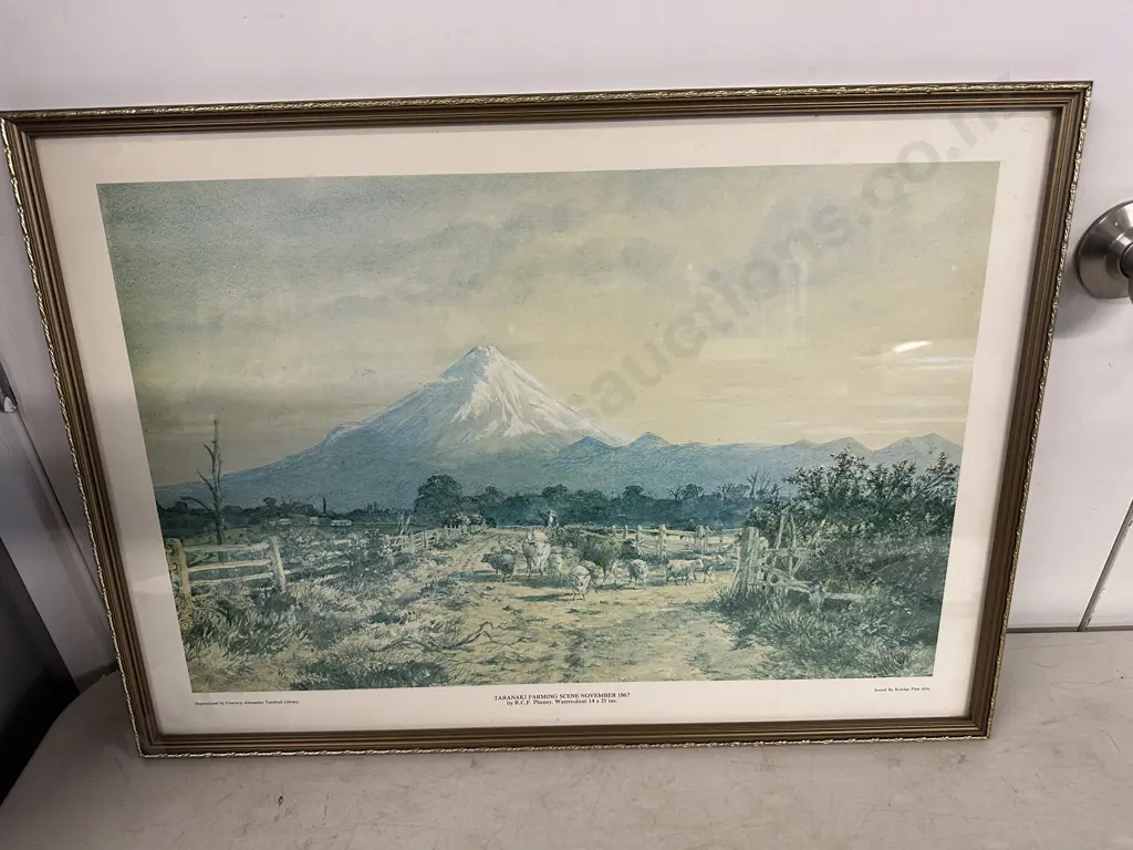 Framed Reproduction Of Water Colour Painting Taranaki Farming Scene By Richard Pheney H43 W61cm. Image 1++