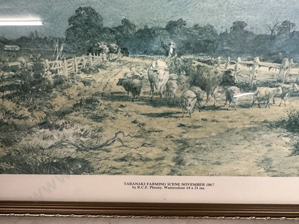 Framed Reproduction Of Water Colour Painting Taranaki Farming Scene By Richard Pheney H43 W61cm. Image 1++