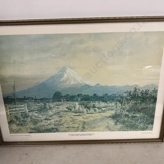 Framed Reproduction Of Water Colour Painting Taranaki Farming Scene By Richard Pheney H43 W61cm.