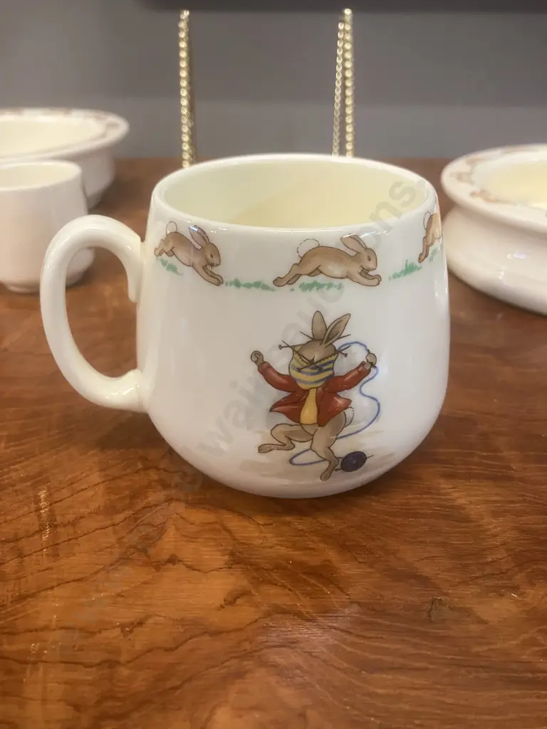 1984 Bunnykins Golden Jubilee Celebration Royal Doulton 'Knitting' Bowl & Egg Cup With 'Unravel Knitting' Bowl & Another Image 1++
