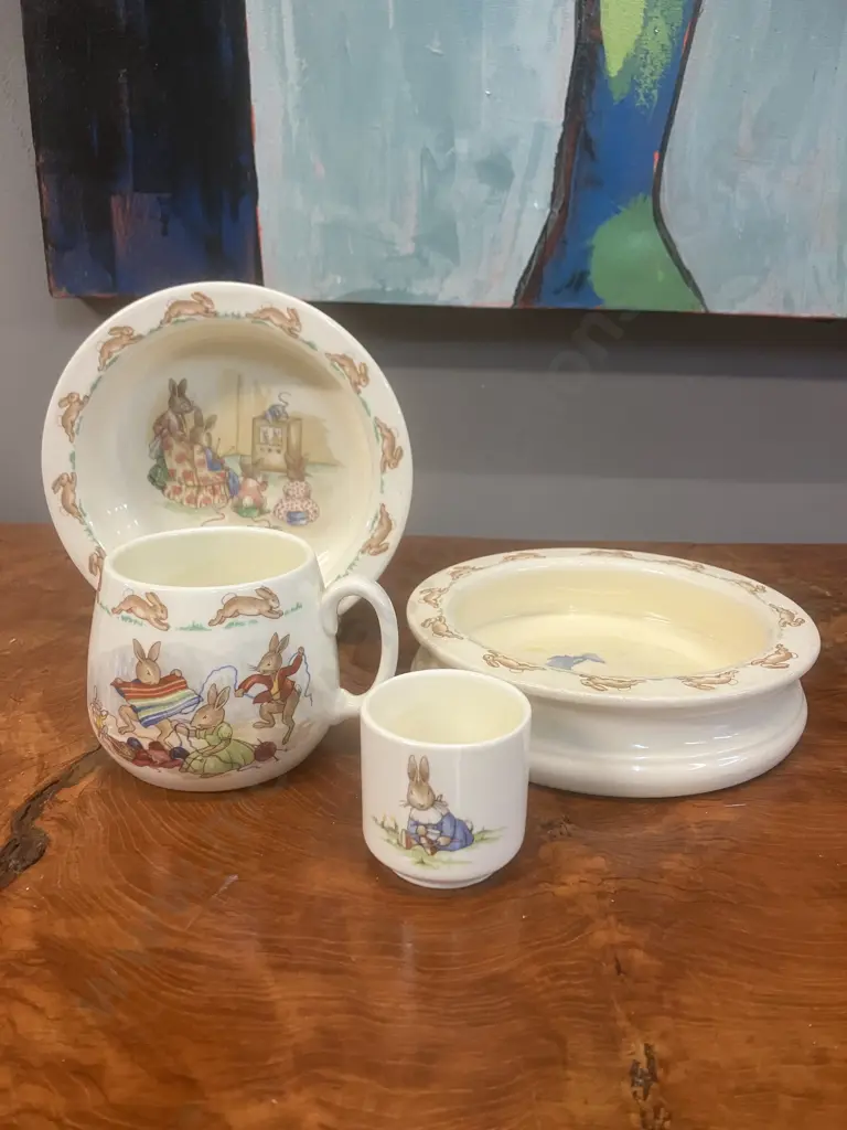 1984 Bunnykins Golden Jubilee Celebration Royal Doulton 'Knitting' Bowl & Egg Cup With 'Unravel Knitting' Bowl & Another Image 1++