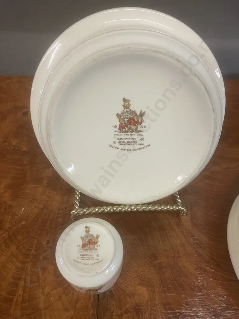 1984 Bunnykins Golden Jubilee Celebration Royal Doulton 'Knitting' Bowl & Egg Cup With 'Unravel Knitting' Bowl & Another Image 1++