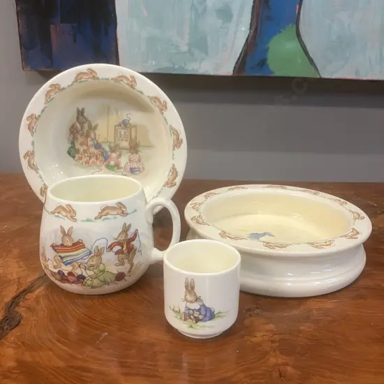 1984 Bunnykins Golden Jubilee Celebration Royal Doulton 'Knitting' Bowl & Egg Cup With 'Unravel Knitting' Bowl & Another