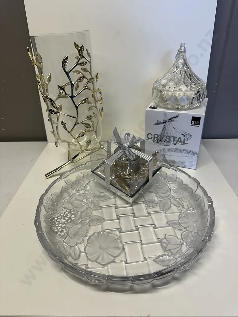 Glass Vase With Gold Leaf Frame, Salt & Pepper Candle Holder, Platter Etc Image 1++