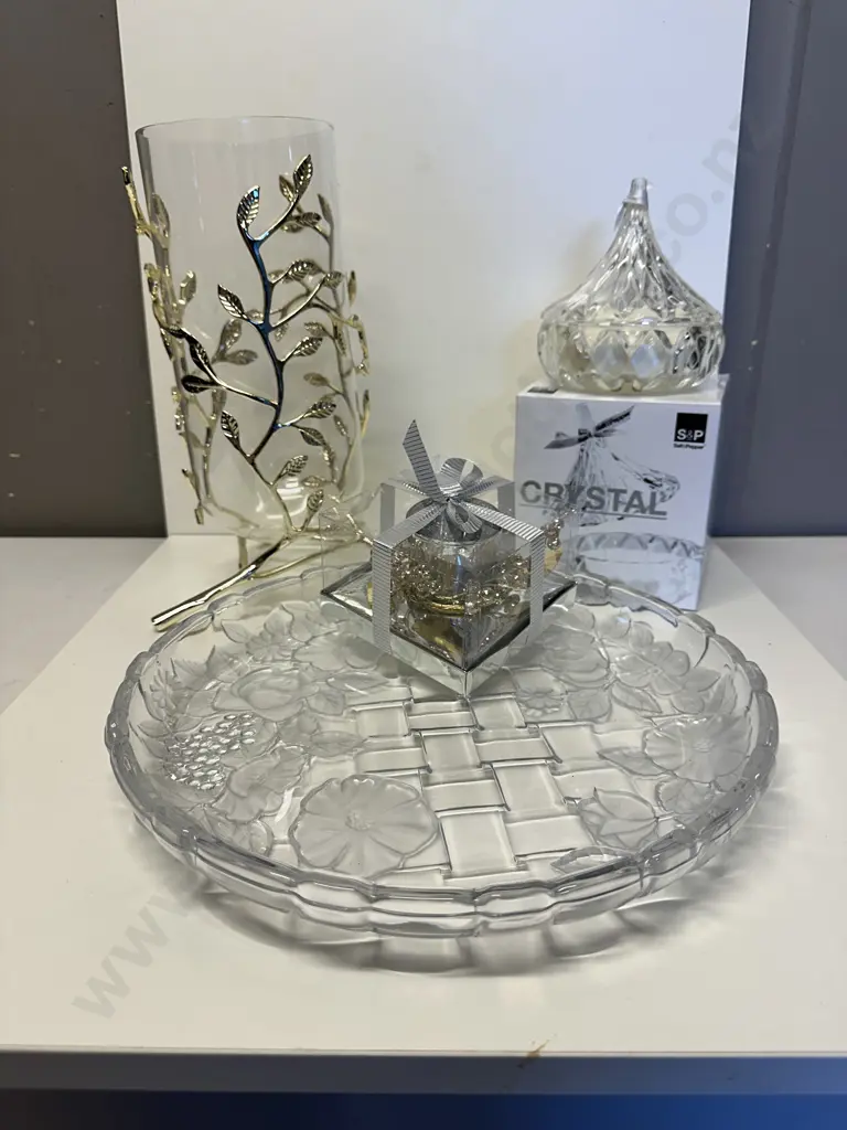 Glass Vase With Gold Leaf Frame, Salt & Pepper Candle Holder, Platter Etc Image 1++