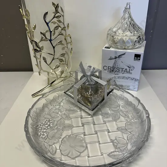 Glass Vase With Gold Leaf Frame, Salt & Pepper Candle Holder, Platter Etc